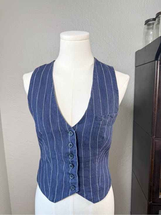 Astr Tops - ASTR The Label Indigo Linen Pinstripe Vest Tailored Button Front Size XS